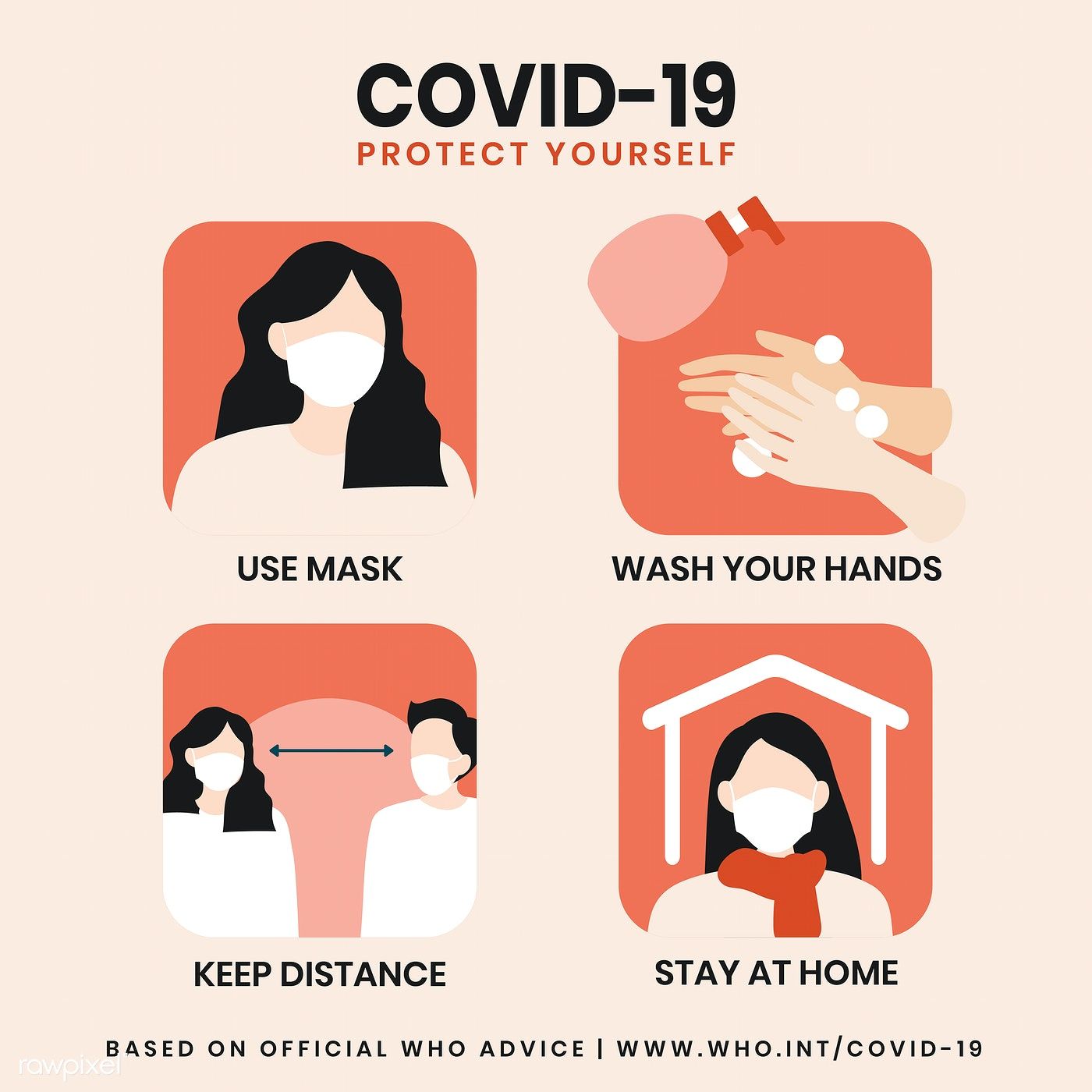 COVID-19 PROTECT YOURSELF: USE MASK, WASH YOUR HANDS, KEEP DISTANCE, STAY AT HOME (Based on official WHO advice, www.who.int/covid-19 )