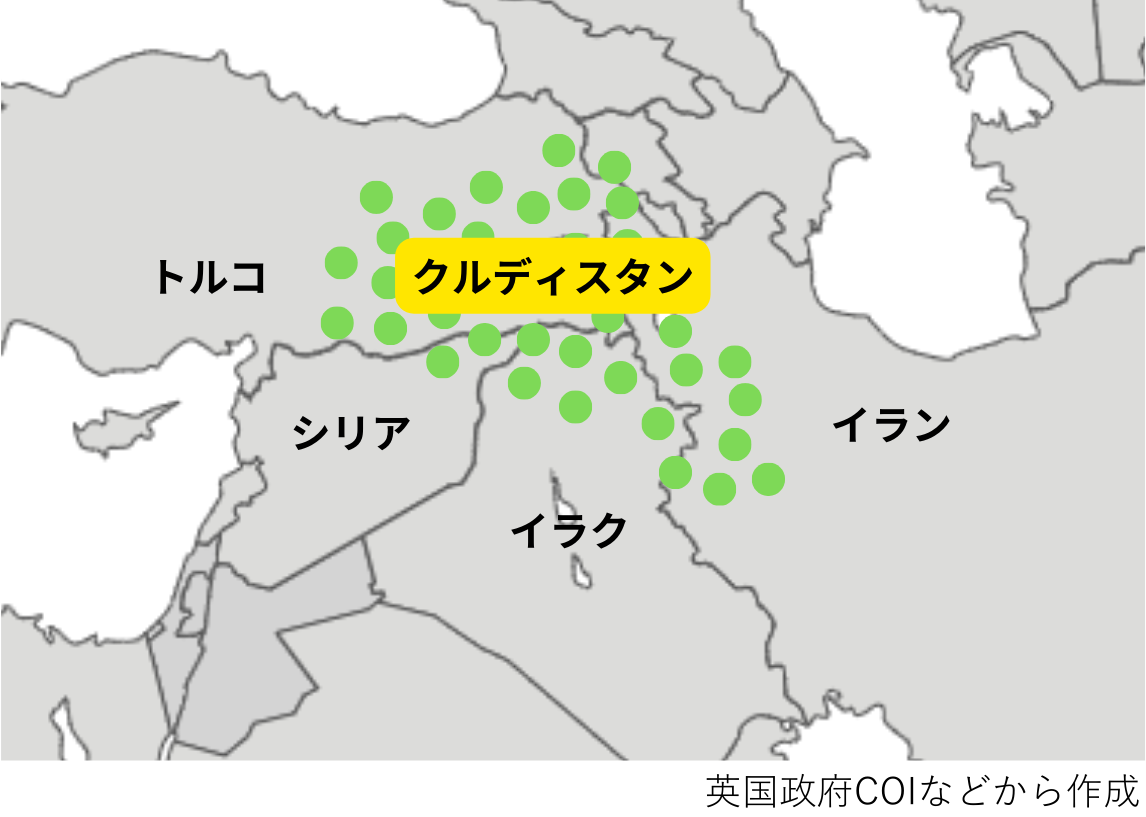「クルディスタン」を大まかんに示した地図。イギリス政府COIなどから作成。